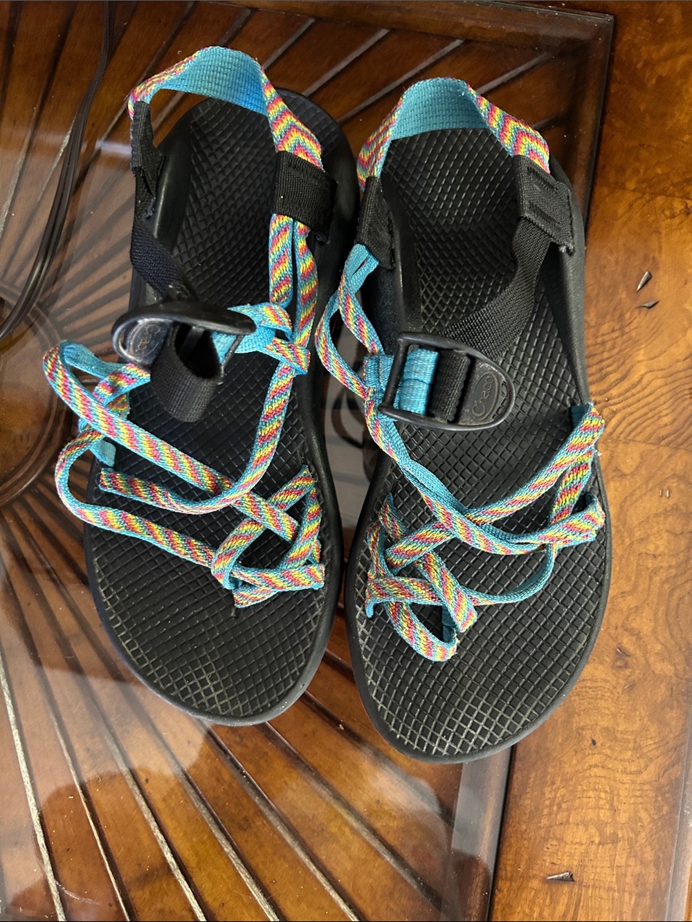 Chaco Black Sandals with Rainbow and Turquoise Straps